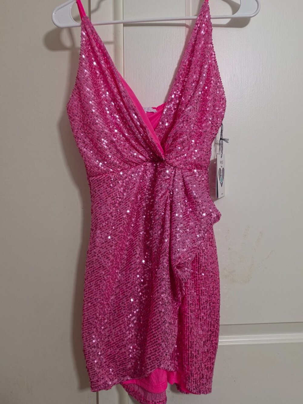 Women pink sparkly sequins mini dress, V neck, size L
